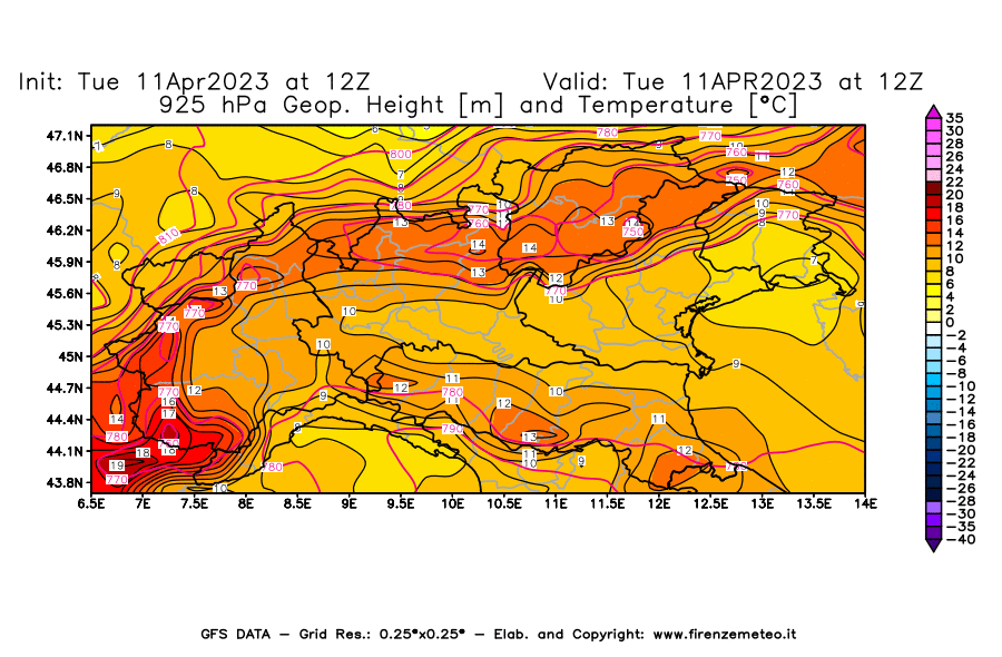 Mappa di analisi GFS - Geopotenziale [m] e Temperatura [°C] a 925 hPa in Nord-Italia
							del 11/04/2023 12 <!--googleoff: index-->UTC<!--googleon: index-->
