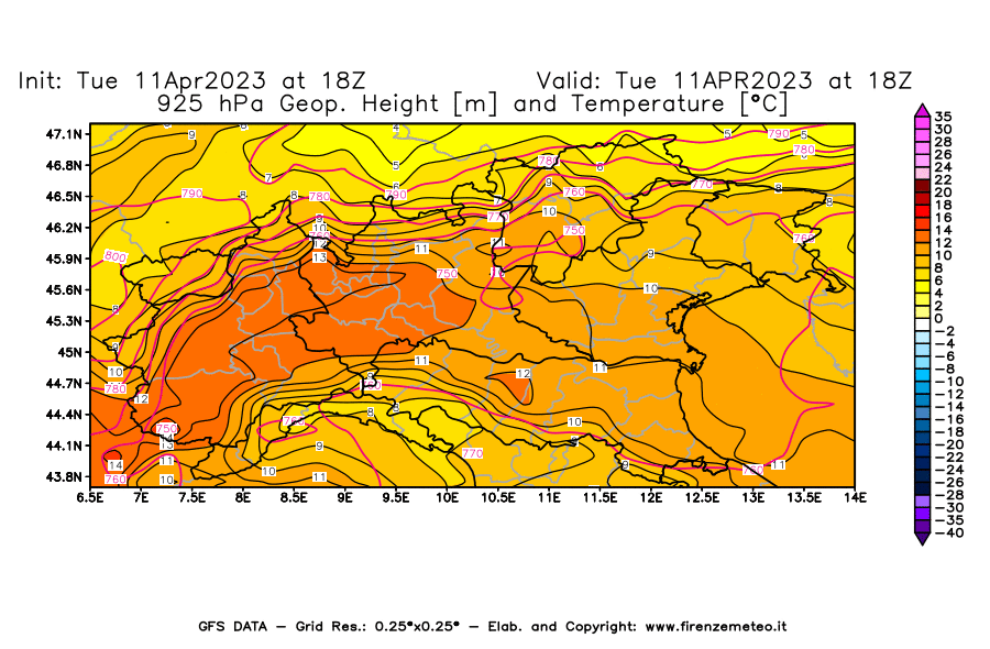Mappa di analisi GFS - Geopotenziale [m] e Temperatura [°C] a 925 hPa in Nord-Italia
							del 11/04/2023 18 <!--googleoff: index-->UTC<!--googleon: index-->