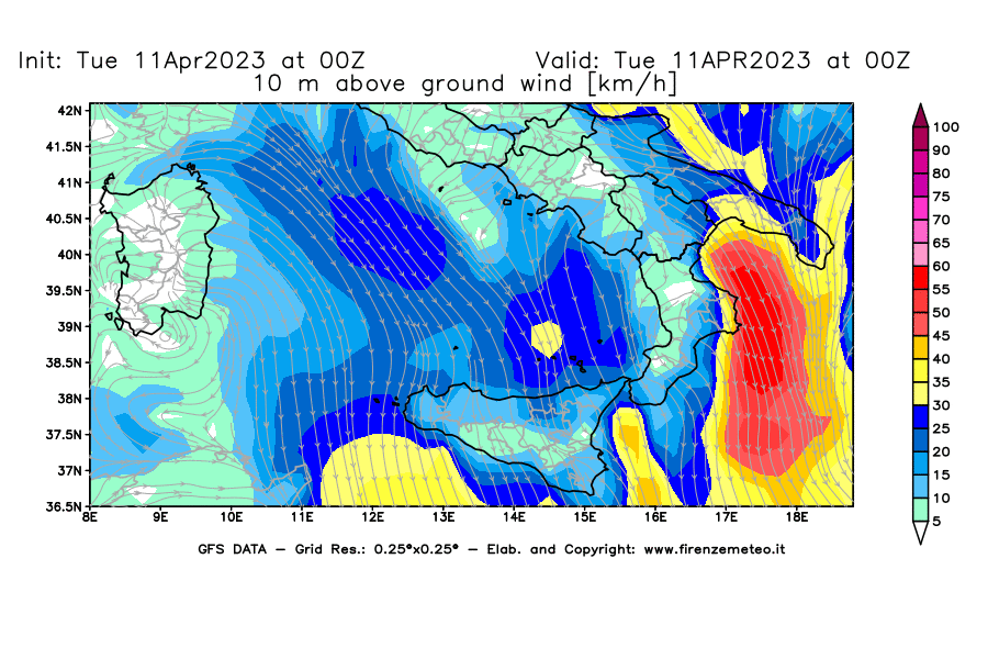 Mappa di analisi GFS - Velocità del vento a 10 metri dal suolo [km/h] in Sud-Italia
							del 11/04/2023 00 <!--googleoff: index-->UTC<!--googleon: index-->