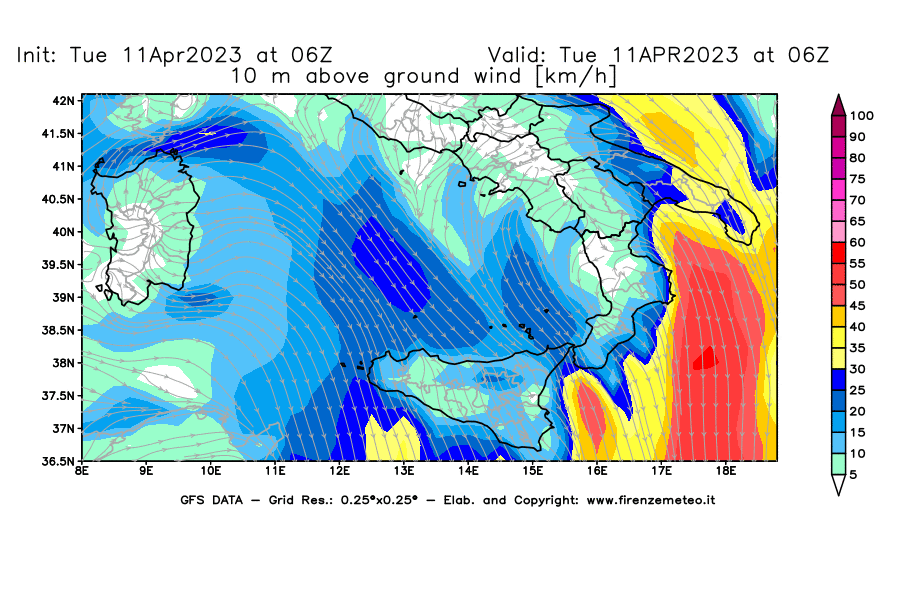 Mappa di analisi GFS - Velocità del vento a 10 metri dal suolo [km/h] in Sud-Italia
							del 11/04/2023 06 <!--googleoff: index-->UTC<!--googleon: index-->