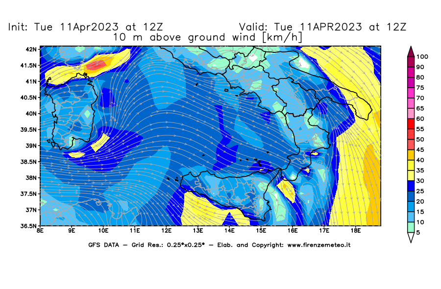 Mappa di analisi GFS - Velocità del vento a 10 metri dal suolo [km/h] in Sud-Italia
							del 11/04/2023 12 <!--googleoff: index-->UTC<!--googleon: index-->