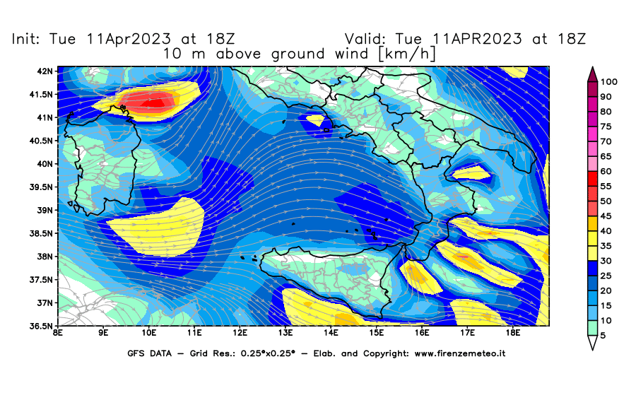 Mappa di analisi GFS - Velocità del vento a 10 metri dal suolo [km/h] in Sud-Italia
							del 11/04/2023 18 <!--googleoff: index-->UTC<!--googleon: index-->