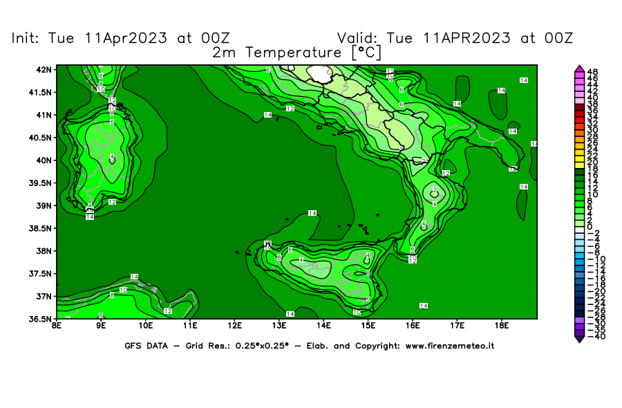 Mappa di analisi GFS - Temperatura a 2 metri dal suolo [°C] in Sud-Italia
							del 11/04/2023 00 <!--googleoff: index-->UTC<!--googleon: index-->