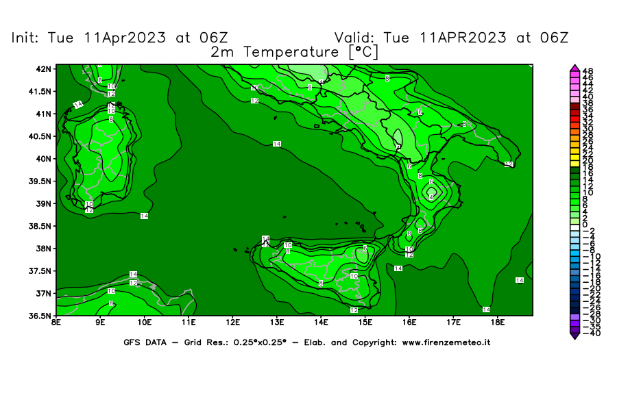 Mappa di analisi GFS - Temperatura a 2 metri dal suolo [°C] in Sud-Italia
							del 11/04/2023 06 <!--googleoff: index-->UTC<!--googleon: index-->