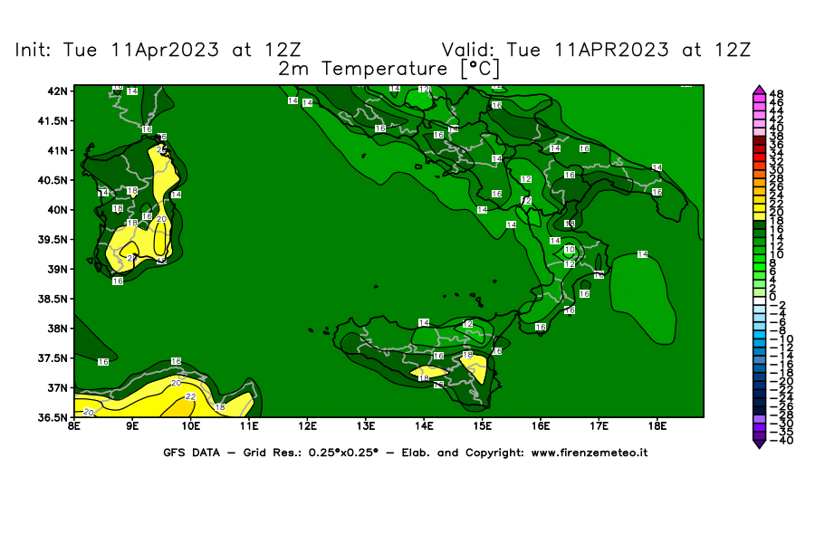 Mappa di analisi GFS - Temperatura a 2 metri dal suolo [°C] in Sud-Italia
							del 11/04/2023 12 <!--googleoff: index-->UTC<!--googleon: index-->