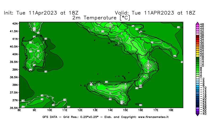 Mappa di analisi GFS - Temperatura a 2 metri dal suolo [°C] in Sud-Italia
							del 11/04/2023 18 <!--googleoff: index-->UTC<!--googleon: index-->