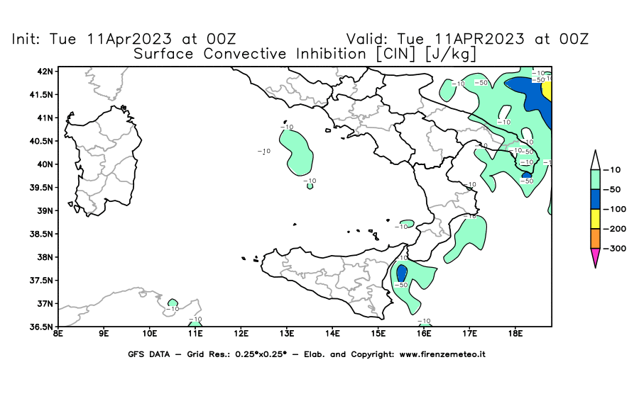 Mappa di analisi GFS - CIN [J/kg] in Sud-Italia
							del 11/04/2023 00 <!--googleoff: index-->UTC<!--googleon: index-->