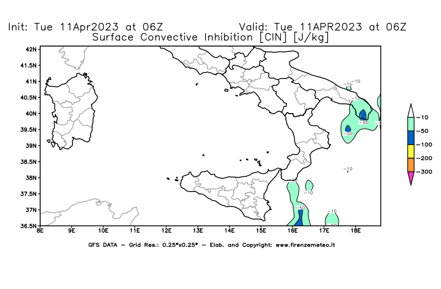 Mappa di analisi GFS - CIN [J/kg] in Sud-Italia
							del 11/04/2023 06 <!--googleoff: index-->UTC<!--googleon: index-->