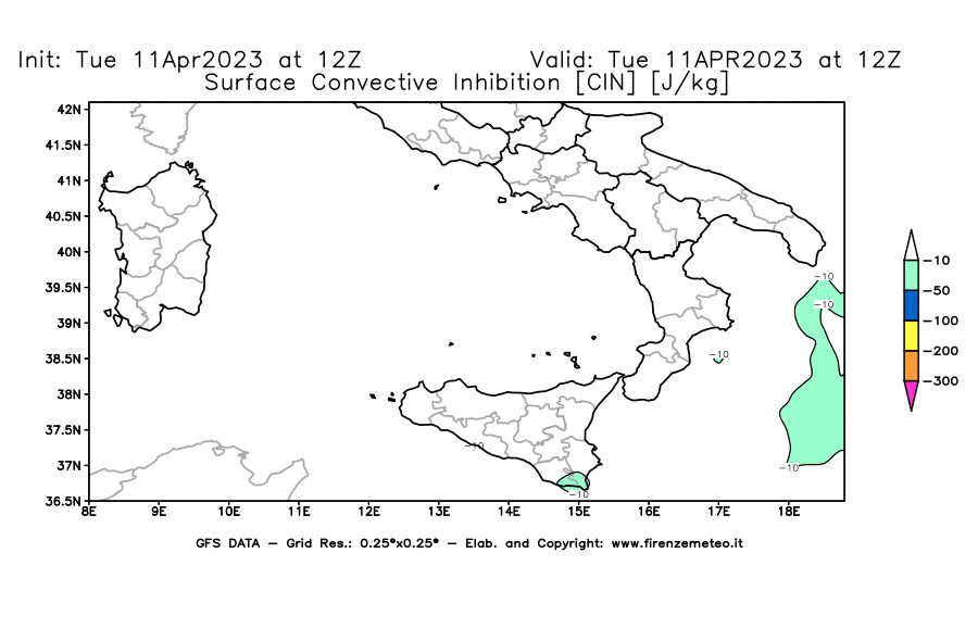 Mappa di analisi GFS - CIN [J/kg] in Sud-Italia
							del 11/04/2023 12 <!--googleoff: index-->UTC<!--googleon: index-->