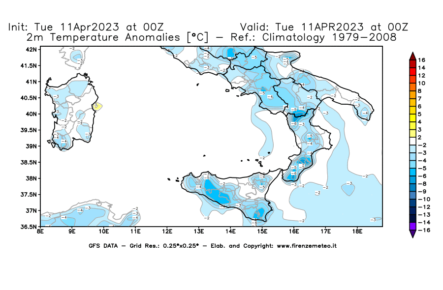 Mappa di analisi GFS - Anomalia Temperatura [°C] a 2 m in Sud-Italia
							del 11/04/2023 00 <!--googleoff: index-->UTC<!--googleon: index-->