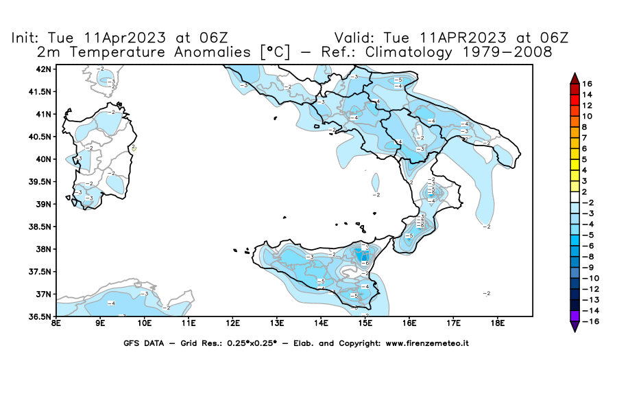 Mappa di analisi GFS - Anomalia Temperatura [°C] a 2 m in Sud-Italia
							del 11/04/2023 06 <!--googleoff: index-->UTC<!--googleon: index-->