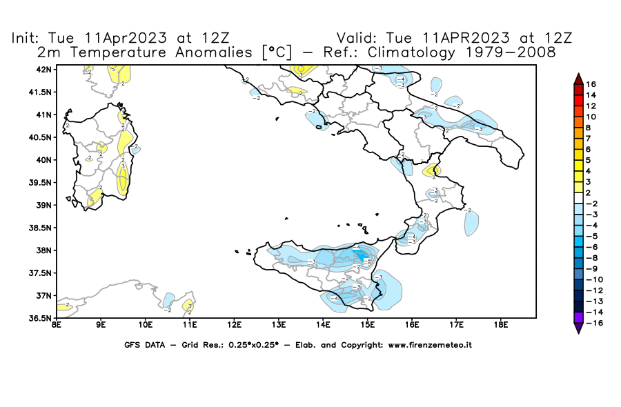 Mappa di analisi GFS - Anomalia Temperatura [°C] a 2 m in Sud-Italia
							del 11/04/2023 12 <!--googleoff: index-->UTC<!--googleon: index-->