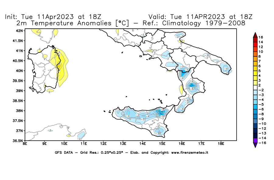 Mappa di analisi GFS - Anomalia Temperatura [°C] a 2 m in Sud-Italia
							del 11/04/2023 18 <!--googleoff: index-->UTC<!--googleon: index-->