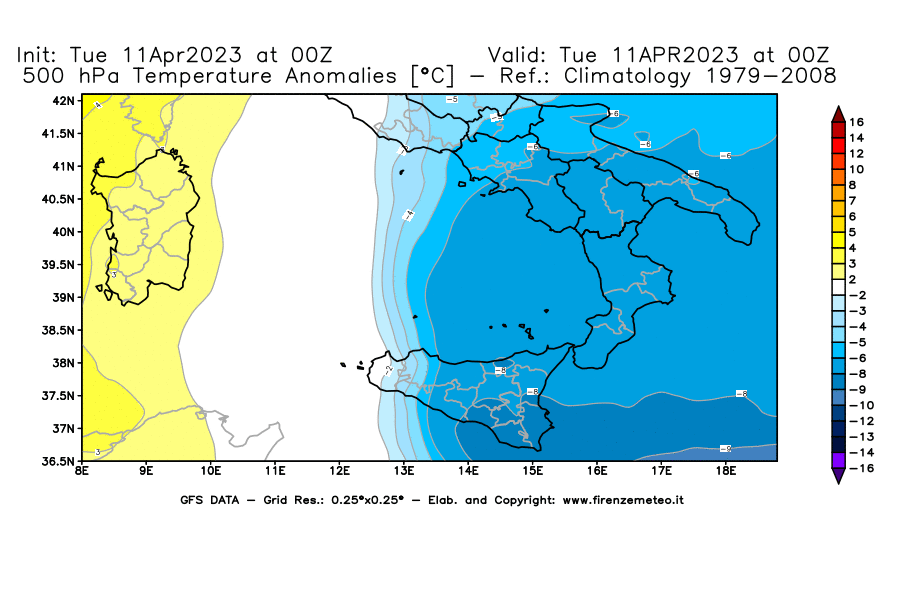 Mappa di analisi GFS - Anomalia Temperatura [°C] a 500 hPa in Sud-Italia
							del 11/04/2023 00 <!--googleoff: index-->UTC<!--googleon: index-->