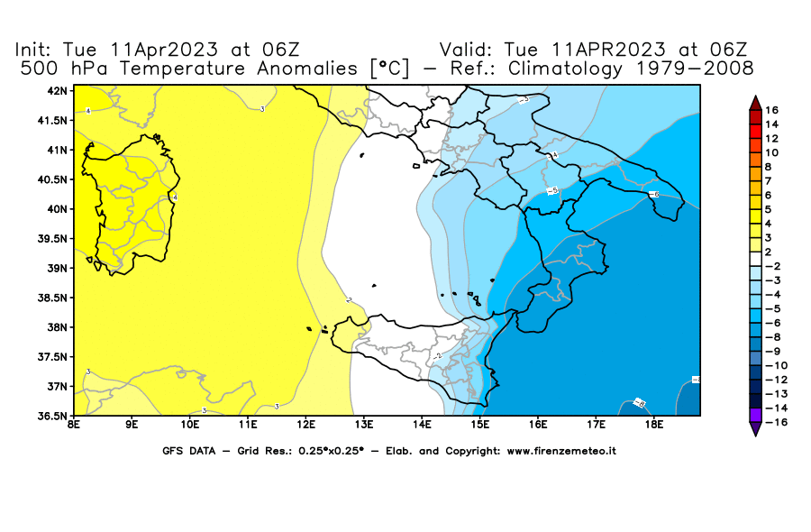 Mappa di analisi GFS - Anomalia Temperatura [°C] a 500 hPa in Sud-Italia
							del 11/04/2023 06 <!--googleoff: index-->UTC<!--googleon: index-->