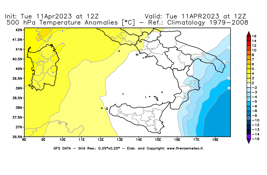 Mappa di analisi GFS - Anomalia Temperatura [°C] a 500 hPa in Sud-Italia
							del 11/04/2023 12 <!--googleoff: index-->UTC<!--googleon: index-->