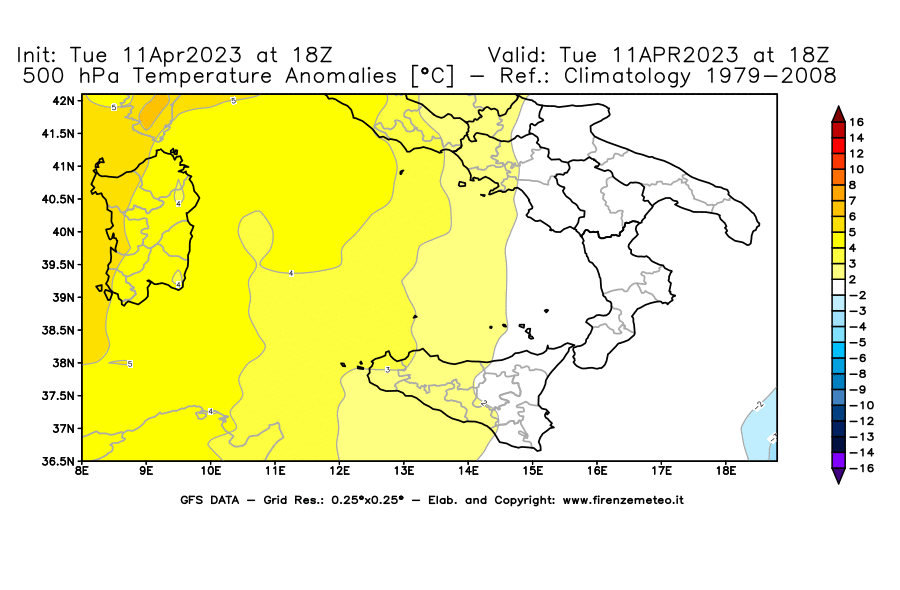 Mappa di analisi GFS - Anomalia Temperatura [°C] a 500 hPa in Sud-Italia
							del 11/04/2023 18 <!--googleoff: index-->UTC<!--googleon: index-->