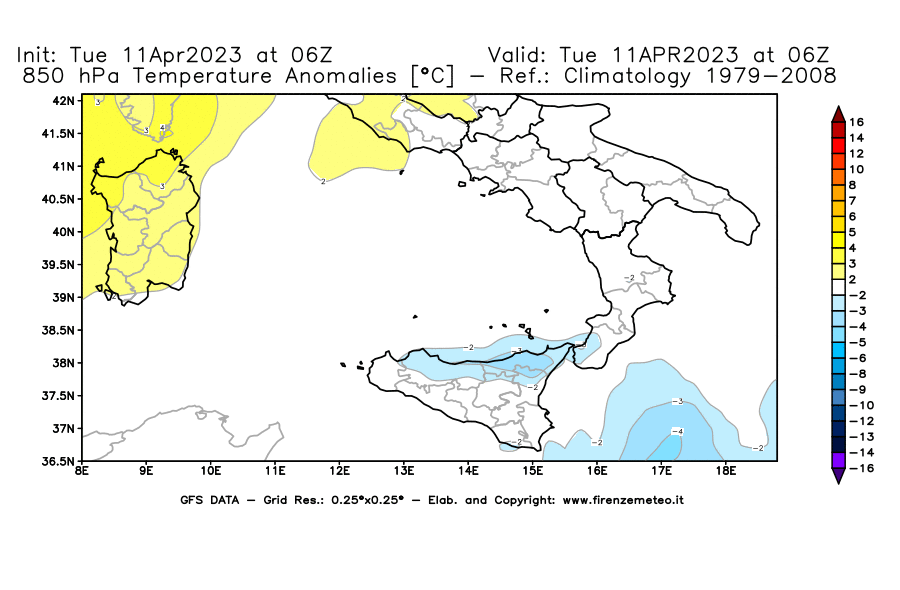 Mappa di analisi GFS - Anomalia Temperatura [°C] a 850 hPa in Sud-Italia
							del 11/04/2023 06 <!--googleoff: index-->UTC<!--googleon: index-->