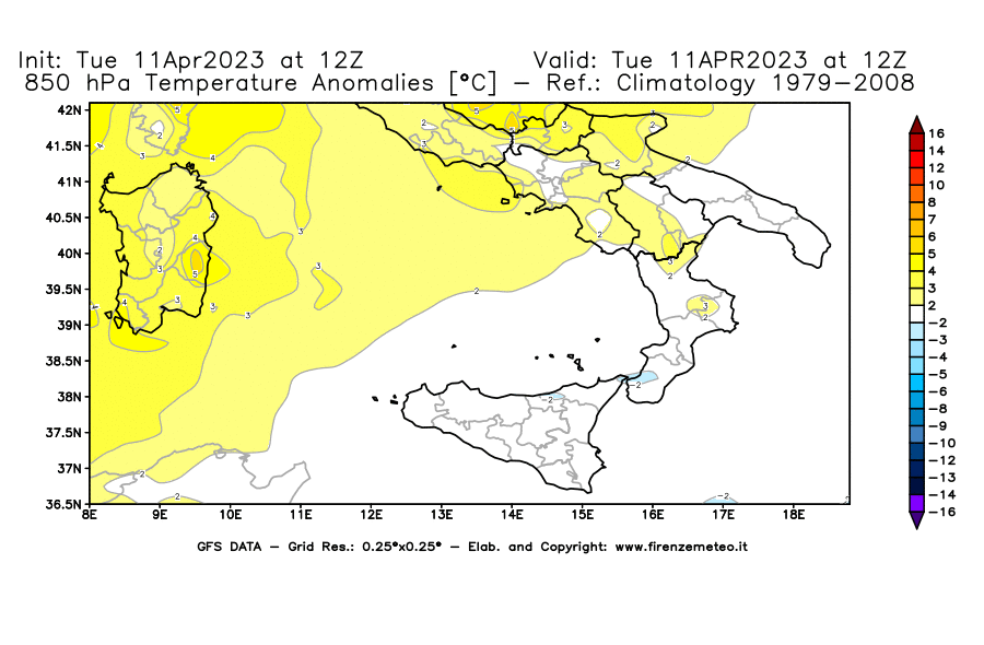 Mappa di analisi GFS - Anomalia Temperatura [°C] a 850 hPa in Sud-Italia
							del 11/04/2023 12 <!--googleoff: index-->UTC<!--googleon: index-->