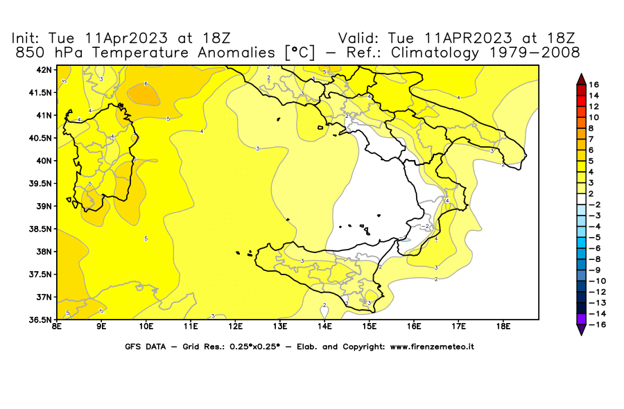 Mappa di analisi GFS - Anomalia Temperatura [°C] a 850 hPa in Sud-Italia
							del 11/04/2023 18 <!--googleoff: index-->UTC<!--googleon: index-->