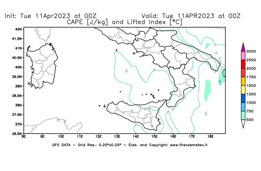 Mappa di analisi GFS - CAPE [J/kg] e Lifted Index [°C] in Sud-Italia
							del 11/04/2023 00 <!--googleoff: index-->UTC<!--googleon: index-->