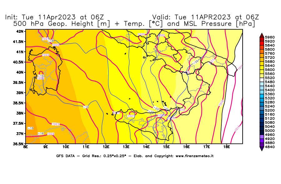 Mappa di analisi GFS - Geopotenziale [m] + Temp. [°C] a 500 hPa + Press. a livello del mare [hPa] in Sud-Italia
							del 11/04/2023 06 <!--googleoff: index-->UTC<!--googleon: index-->