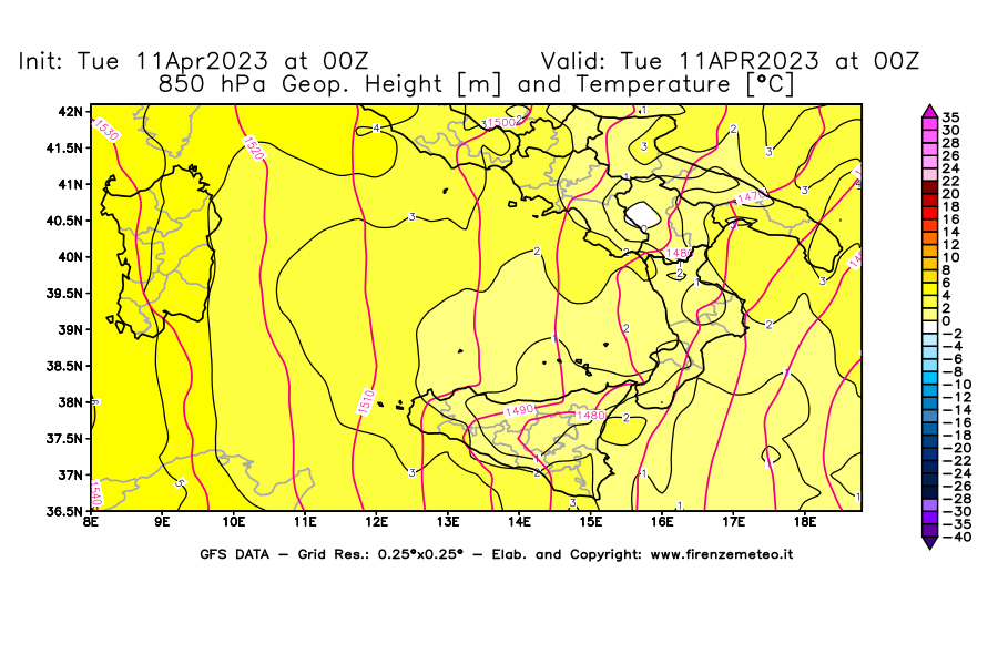 Mappa di analisi GFS - Geopotenziale [m] e Temperatura [°C] a 850 hPa in Sud-Italia
							del 11/04/2023 00 <!--googleoff: index-->UTC<!--googleon: index-->