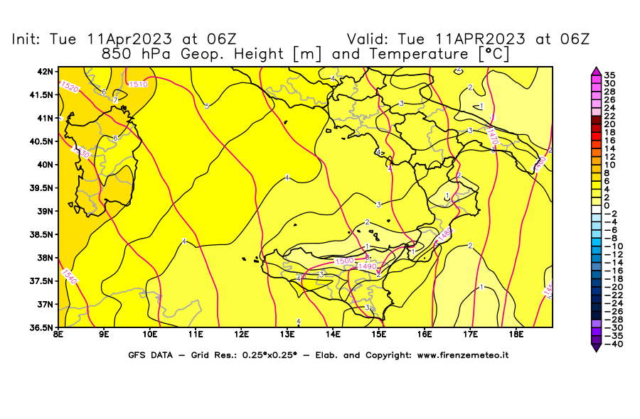 Mappa di analisi GFS - Geopotenziale [m] e Temperatura [°C] a 850 hPa in Sud-Italia
							del 11/04/2023 06 <!--googleoff: index-->UTC<!--googleon: index-->