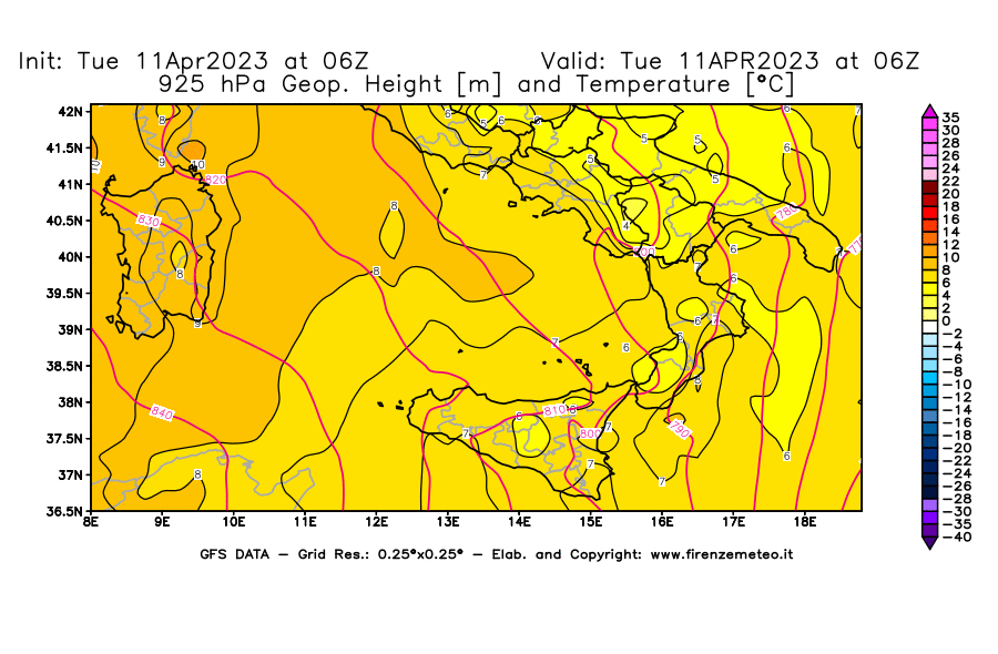 Mappa di analisi GFS - Geopotenziale [m] e Temperatura [°C] a 925 hPa in Sud-Italia
							del 11/04/2023 06 <!--googleoff: index-->UTC<!--googleon: index-->