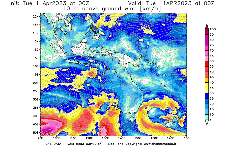 Mappa di analisi GFS - Velocità del vento a 10 metri dal suolo [km/h] in Oceania
							del 11/04/2023 00 <!--googleoff: index-->UTC<!--googleon: index-->