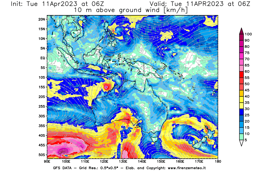 Mappa di analisi GFS - Velocità del vento a 10 metri dal suolo [km/h] in Oceania
							del 11/04/2023 06 <!--googleoff: index-->UTC<!--googleon: index-->