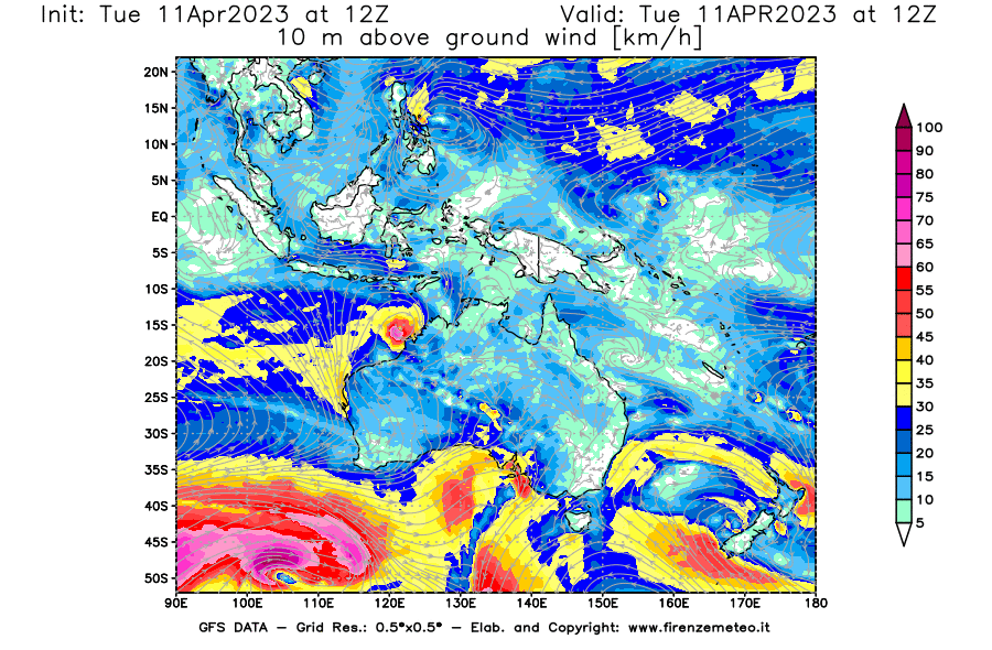 Mappa di analisi GFS - Velocità del vento a 10 metri dal suolo [km/h] in Oceania
							del 11/04/2023 12 <!--googleoff: index-->UTC<!--googleon: index-->