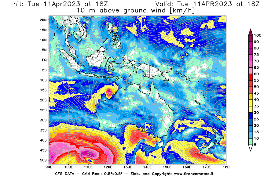 Mappa di analisi GFS - Velocità del vento a 10 metri dal suolo [km/h] in Oceania
							del 11/04/2023 18 <!--googleoff: index-->UTC<!--googleon: index-->