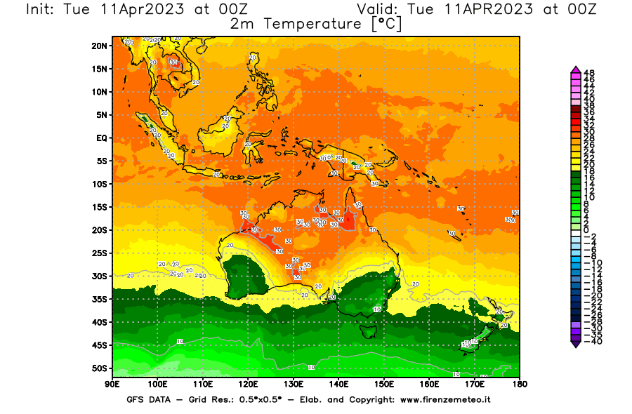 Mappa di analisi GFS - Temperatura a 2 metri dal suolo [°C] in Oceania
							del 11/04/2023 00 <!--googleoff: index-->UTC<!--googleon: index-->
