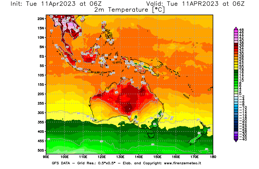 Mappa di analisi GFS - Temperatura a 2 metri dal suolo [°C] in Oceania
							del 11/04/2023 06 <!--googleoff: index-->UTC<!--googleon: index-->