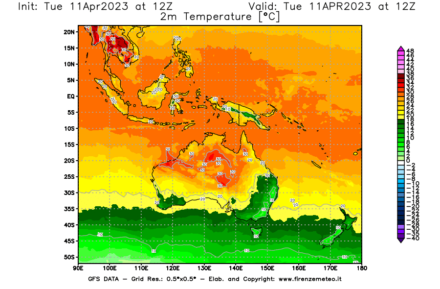 Mappa di analisi GFS - Temperatura a 2 metri dal suolo [°C] in Oceania
							del 11/04/2023 12 <!--googleoff: index-->UTC<!--googleon: index-->