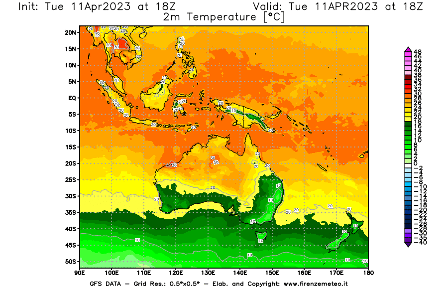 Mappa di analisi GFS - Temperatura a 2 metri dal suolo [°C] in Oceania
							del 11/04/2023 18 <!--googleoff: index-->UTC<!--googleon: index-->