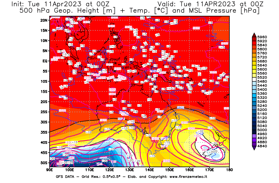 Mappa di analisi GFS - Geopotenziale [m] + Temp. [°C] a 500 hPa + Press. a livello del mare [hPa] in Oceania
							del 11/04/2023 00 <!--googleoff: index-->UTC<!--googleon: index-->