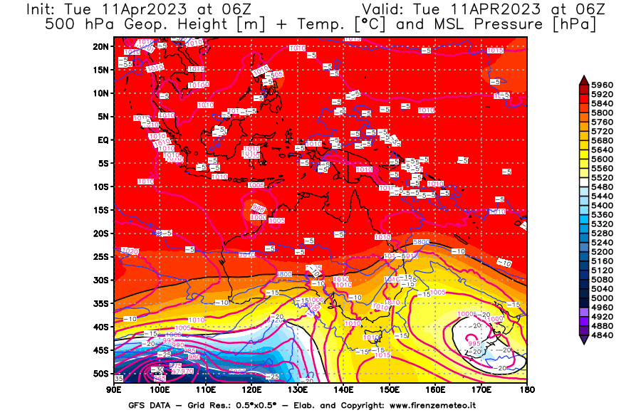 Mappa di analisi GFS - Geopotenziale [m] + Temp. [°C] a 500 hPa + Press. a livello del mare [hPa] in Oceania
							del 11/04/2023 06 <!--googleoff: index-->UTC<!--googleon: index-->