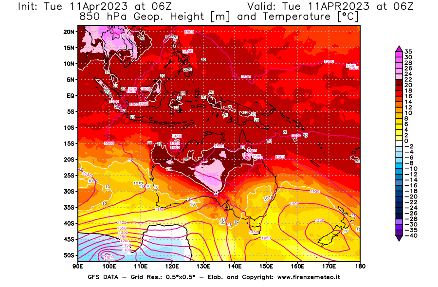 Mappa di analisi GFS - Geopotenziale [m] e Temperatura [°C] a 850 hPa in Oceania
							del 11/04/2023 06 <!--googleoff: index-->UTC<!--googleon: index-->