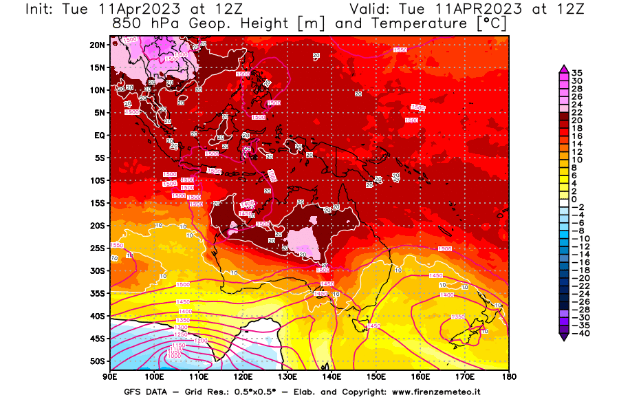 Mappa di analisi GFS - Geopotenziale [m] e Temperatura [°C] a 850 hPa in Oceania
							del 11/04/2023 12 <!--googleoff: index-->UTC<!--googleon: index-->
