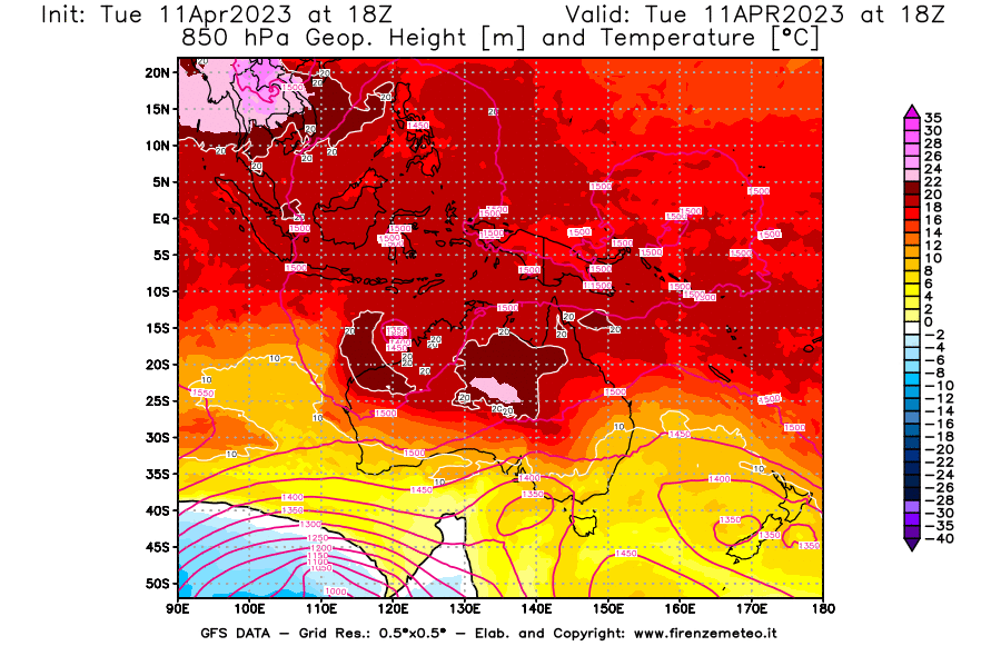 Mappa di analisi GFS - Geopotenziale [m] e Temperatura [°C] a 850 hPa in Oceania
							del 11/04/2023 18 <!--googleoff: index-->UTC<!--googleon: index-->