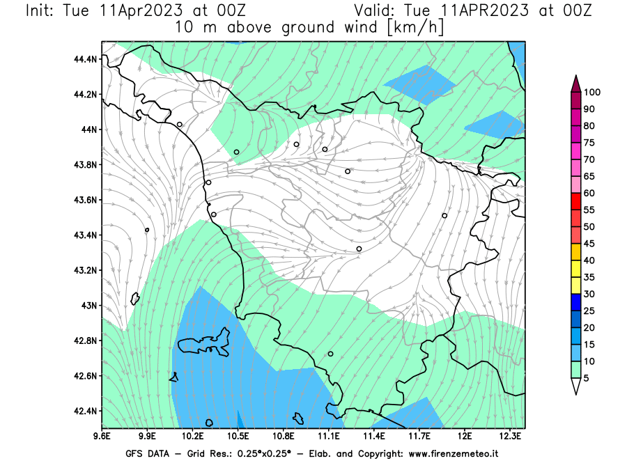 Mappa di analisi GFS - Velocità del vento a 10 metri dal suolo [km/h] in Toscana
							del 11/04/2023 00 <!--googleoff: index-->UTC<!--googleon: index-->