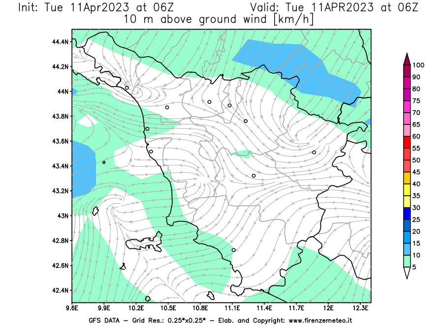 Mappa di analisi GFS - Velocità del vento a 10 metri dal suolo [km/h] in Toscana
							del 11/04/2023 06 <!--googleoff: index-->UTC<!--googleon: index-->