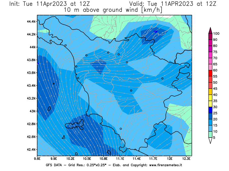 Mappa di analisi GFS - Velocità del vento a 10 metri dal suolo [km/h] in Toscana
							del 11/04/2023 12 <!--googleoff: index-->UTC<!--googleon: index-->