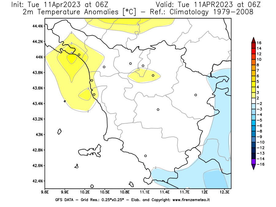 Mappa di analisi GFS - Anomalia Temperatura [°C] a 2 m in Toscana
							del 11/04/2023 06 <!--googleoff: index-->UTC<!--googleon: index-->
