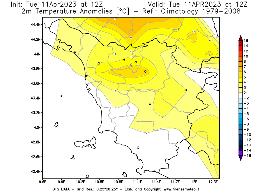 Mappa di analisi GFS - Anomalia Temperatura [°C] a 2 m in Toscana
							del 11/04/2023 12 <!--googleoff: index-->UTC<!--googleon: index-->