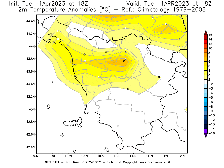 Mappa di analisi GFS - Anomalia Temperatura [°C] a 2 m in Toscana
							del 11/04/2023 18 <!--googleoff: index-->UTC<!--googleon: index-->