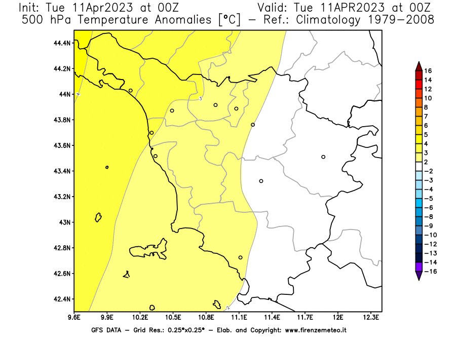 Mappa di analisi GFS - Anomalia Temperatura [°C] a 500 hPa in Toscana
							del 11/04/2023 00 <!--googleoff: index-->UTC<!--googleon: index-->