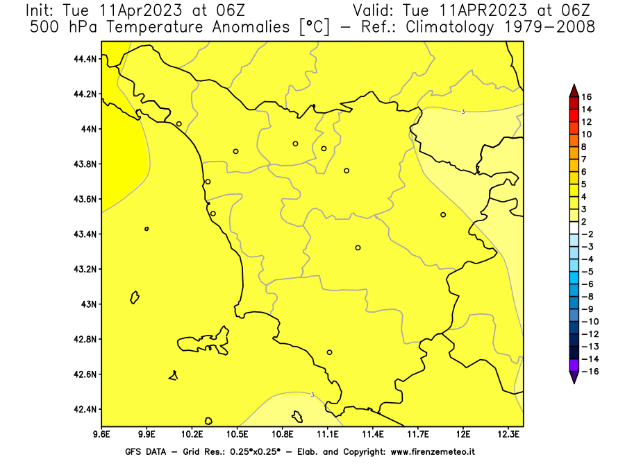 Mappa di analisi GFS - Anomalia Temperatura [°C] a 500 hPa in Toscana
							del 11/04/2023 06 <!--googleoff: index-->UTC<!--googleon: index-->
